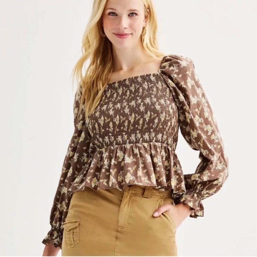 Dizzy Lizzy-Floral Smocked-Long Sleeve Blouse-Brown-Yellow-Cottagecore-Fall-M